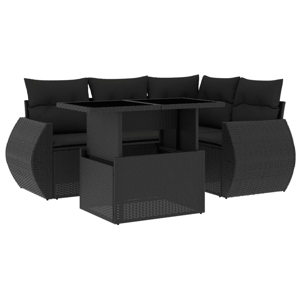 5 Piece Garden Sofa Set with Cushions Black Poly Rattan