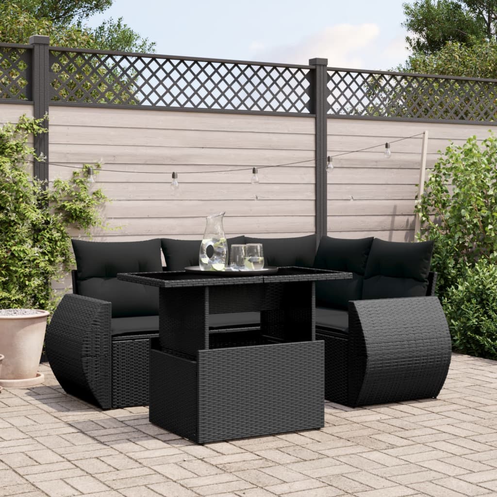 5 Piece Garden Sofa Set with Cushions Black Poly Rattan