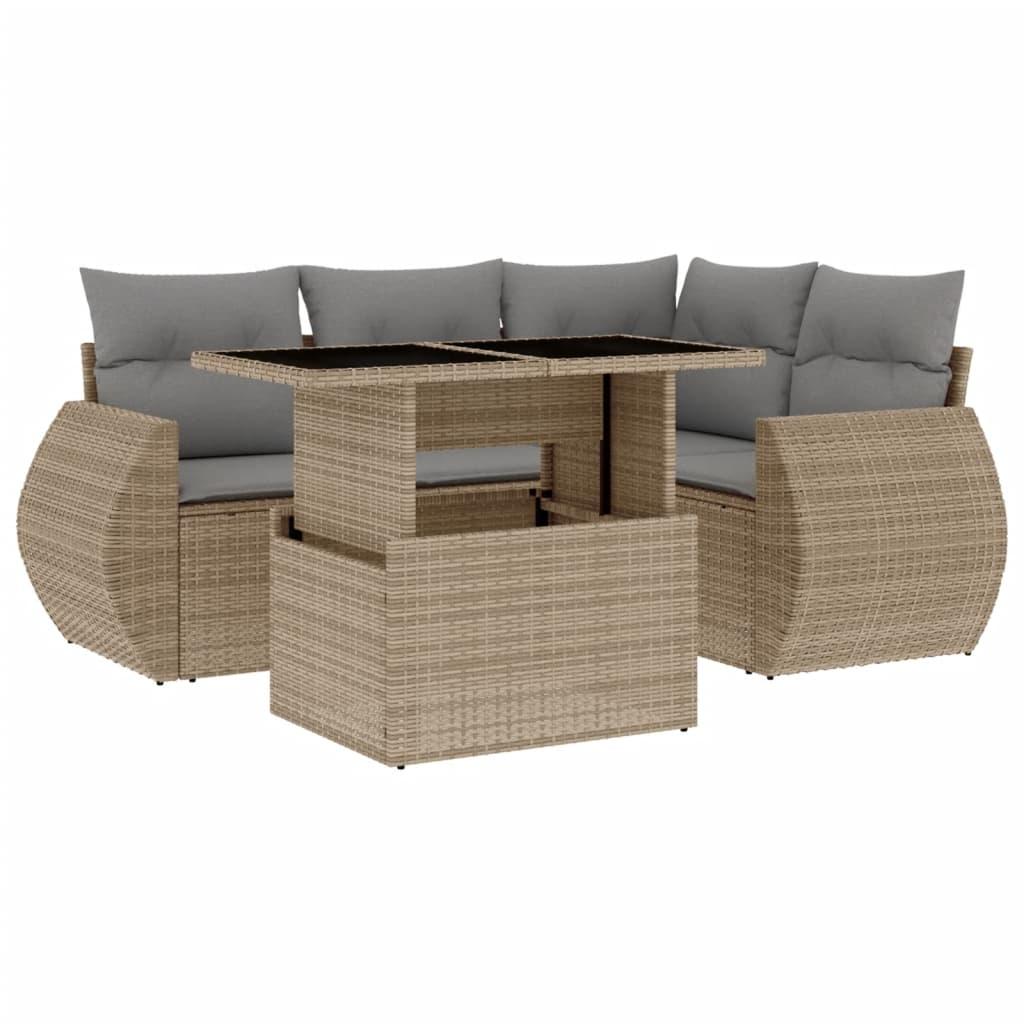 5 Piece Garden Sofa Set with Cushions Beige Poly Rattan