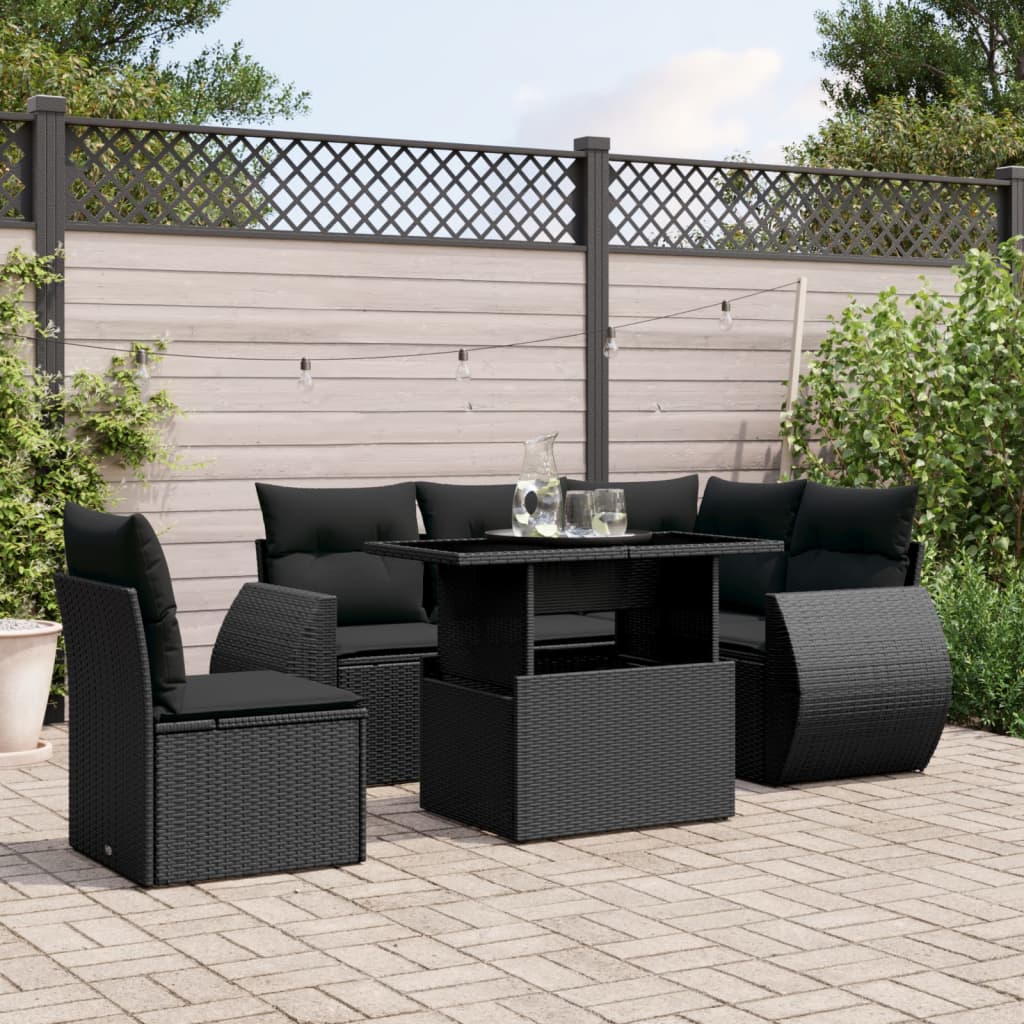 6 Piece Garden Sofa Set with Cushions Black Poly Rattan