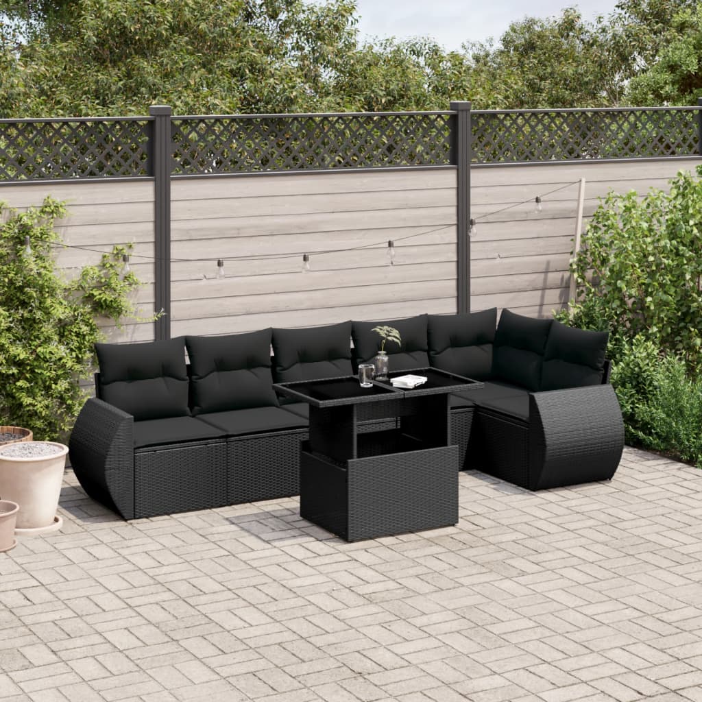 7 Piece Garden Sofa Set with Cushions Black Poly Rattan