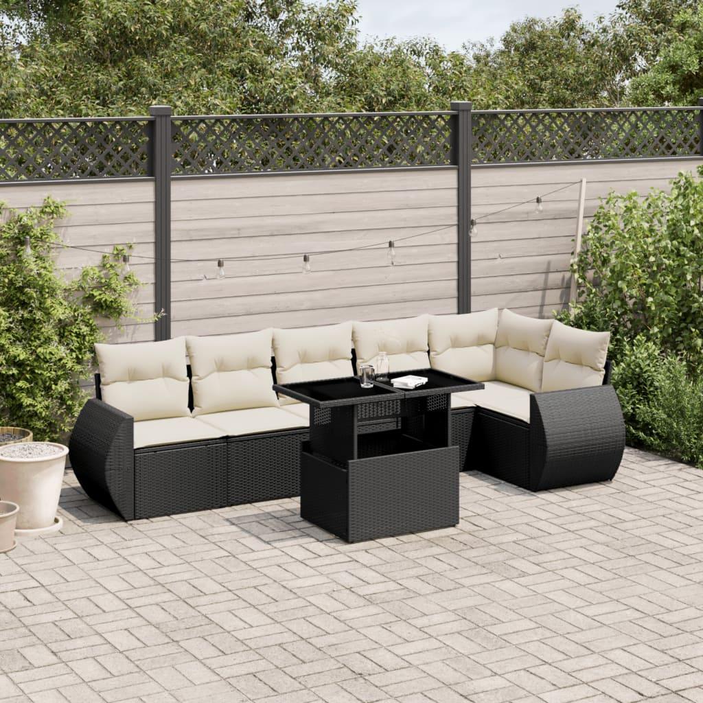 7 Piece Garden Sofa Set with Cushions Black Poly Rattan
