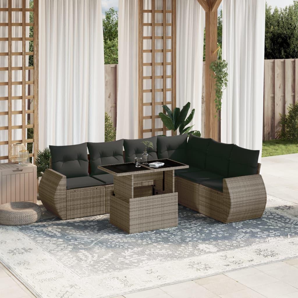 7 Piece Garden Sofa Set with Cushions Grey Poly Rattan