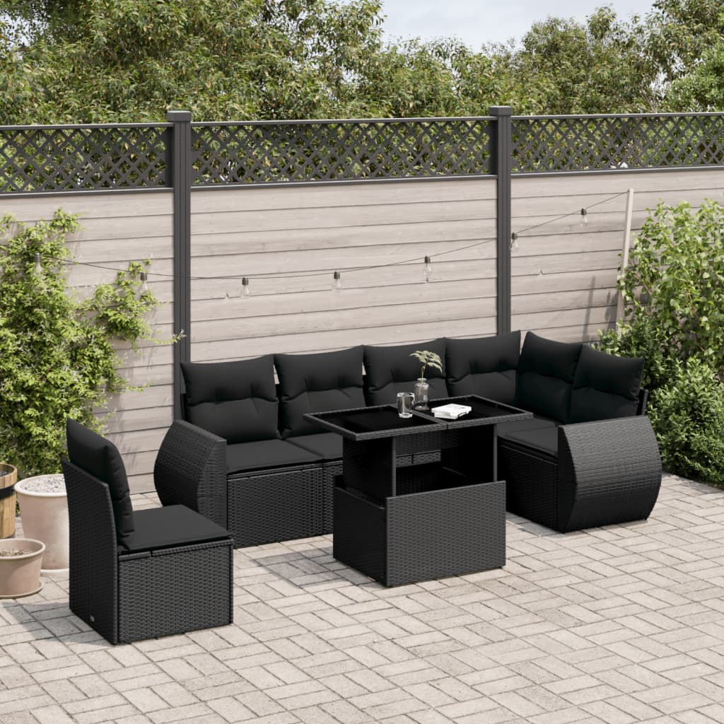 7 Piece Garden Sofa Set with Cushions Black Poly Rattan