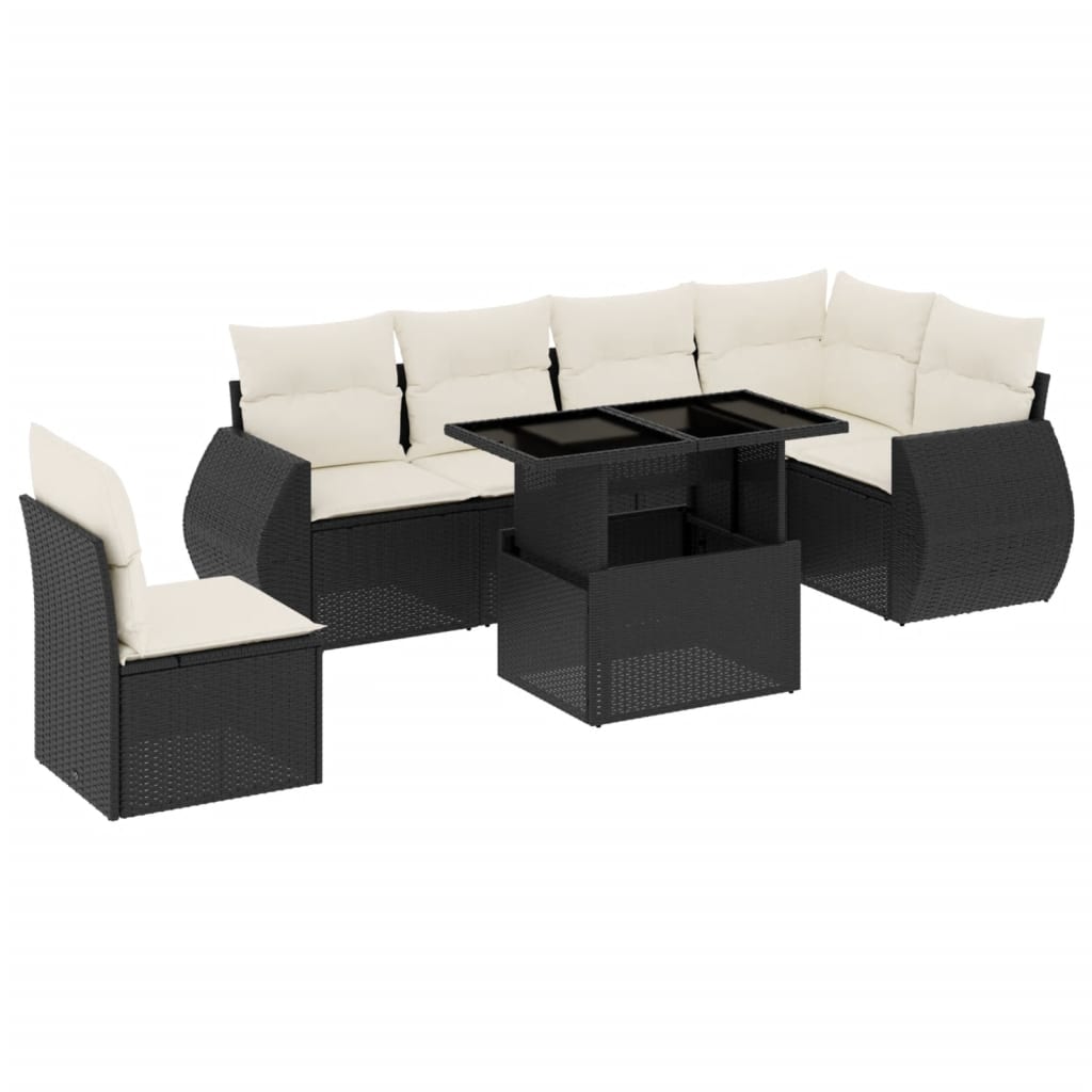 7 Piece Garden Sofa Set with Cushions Black Poly Rattan
