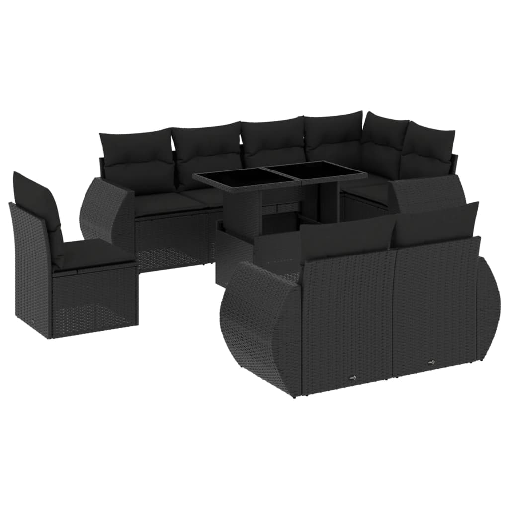 9 Piece Garden Sofa Set with Cushions Black Poly Rattan