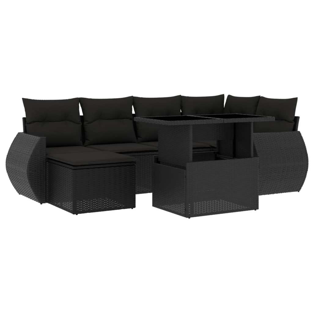 7 Piece Garden Sofa Set with Cushions Black Poly Rattan