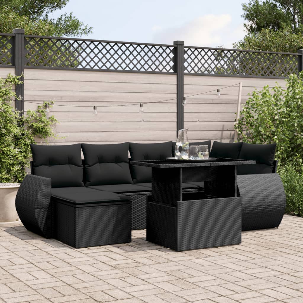 7 Piece Garden Sofa Set with Cushions Black Poly Rattan