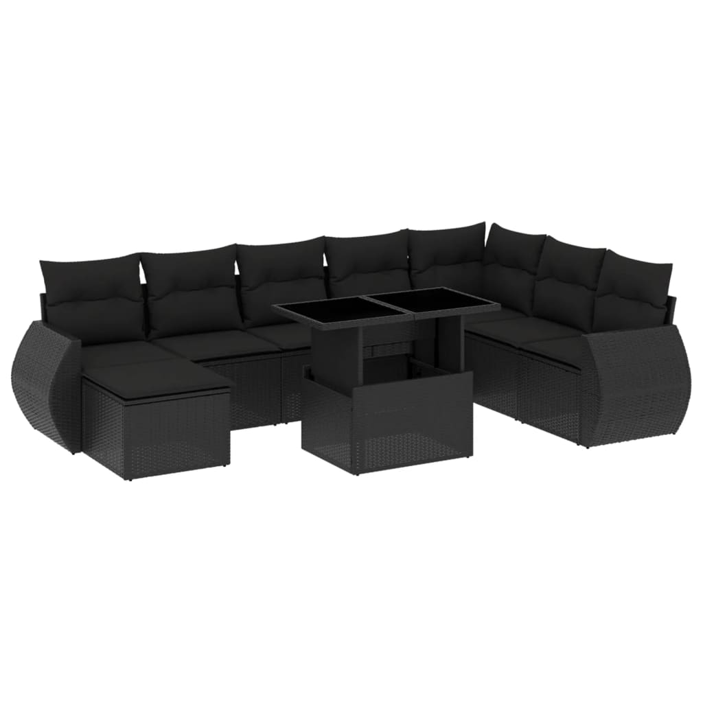 9 Piece Garden Sofa Set with Cushions Black Poly Rattan