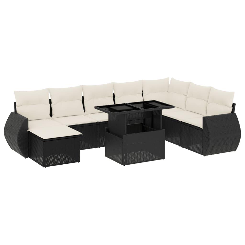 9 Piece Garden Sofa Set with Cushions Black Poly Rattan