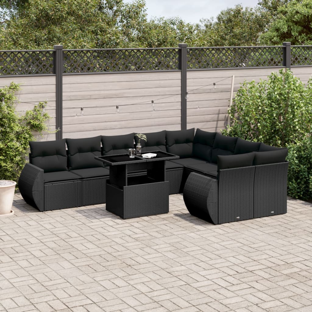 10 Piece Garden Sofa Set with Cushions Black Poly Rattan