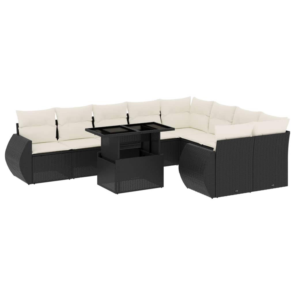 10 Piece Garden Sofa Set with Cushions Black Poly Rattan