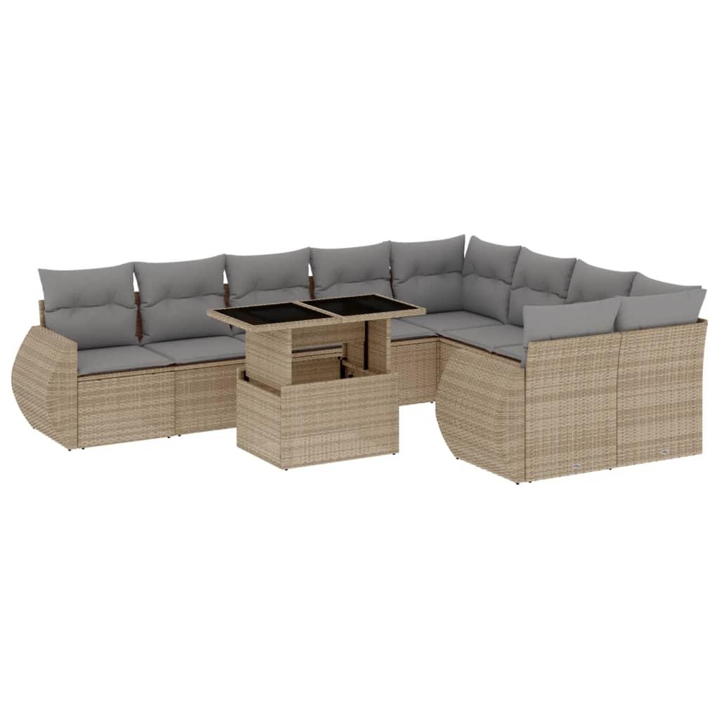 10 Piece Garden Sofa Set with Cushions Beige Poly Rattan