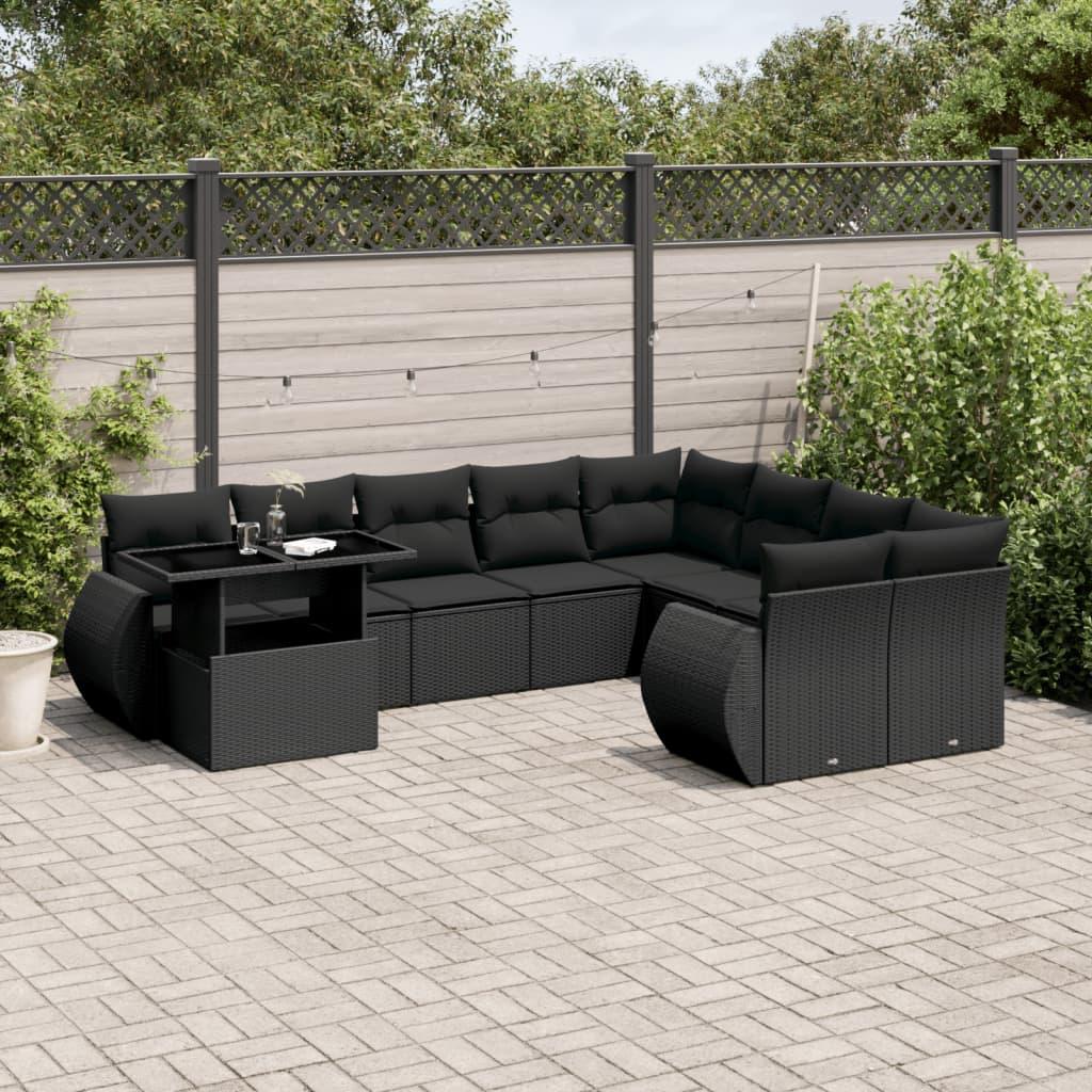 10 Piece Garden Sofa Set with Cushions Black Poly Rattan