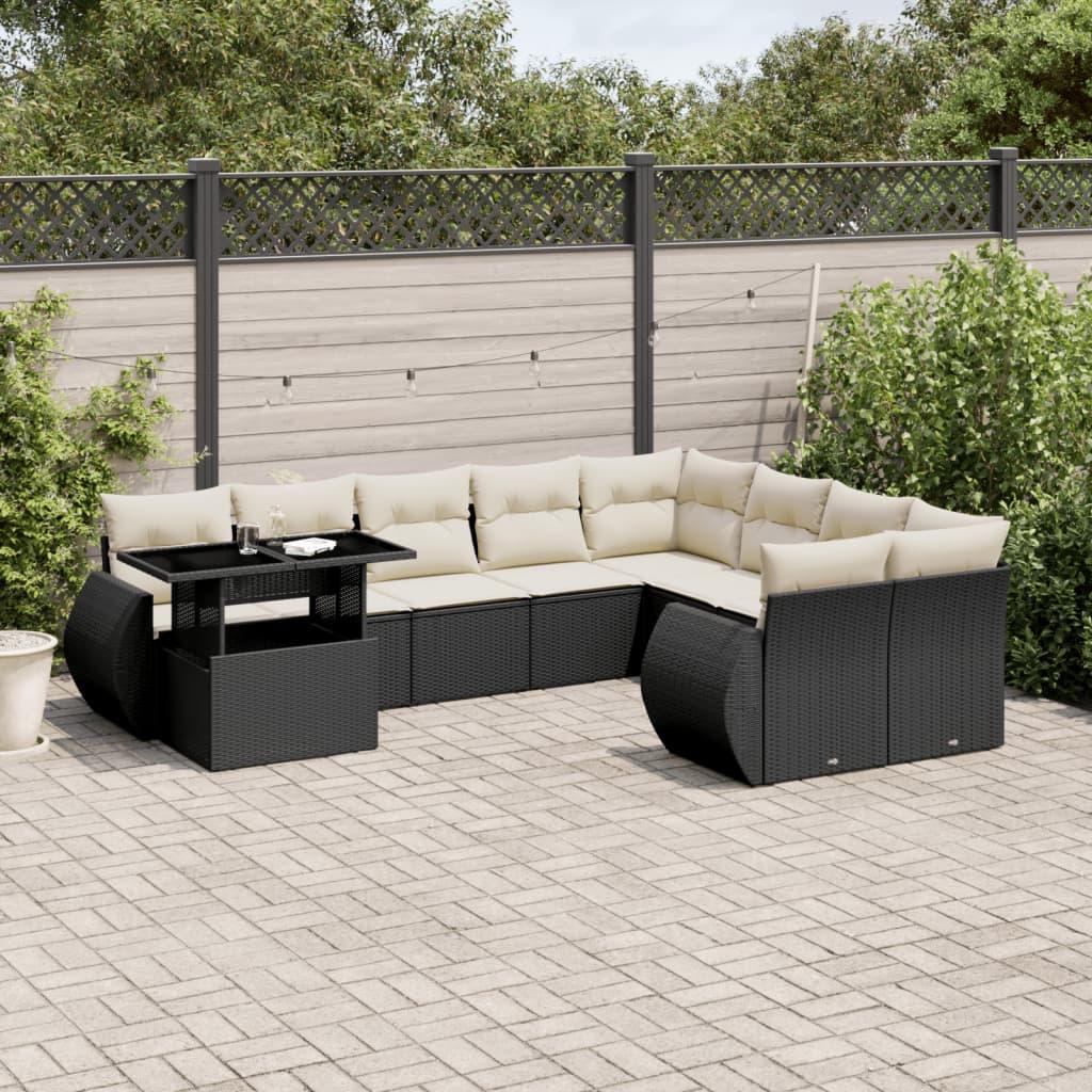 10 Piece Garden Sofa Set with Cushions Black Poly Rattan