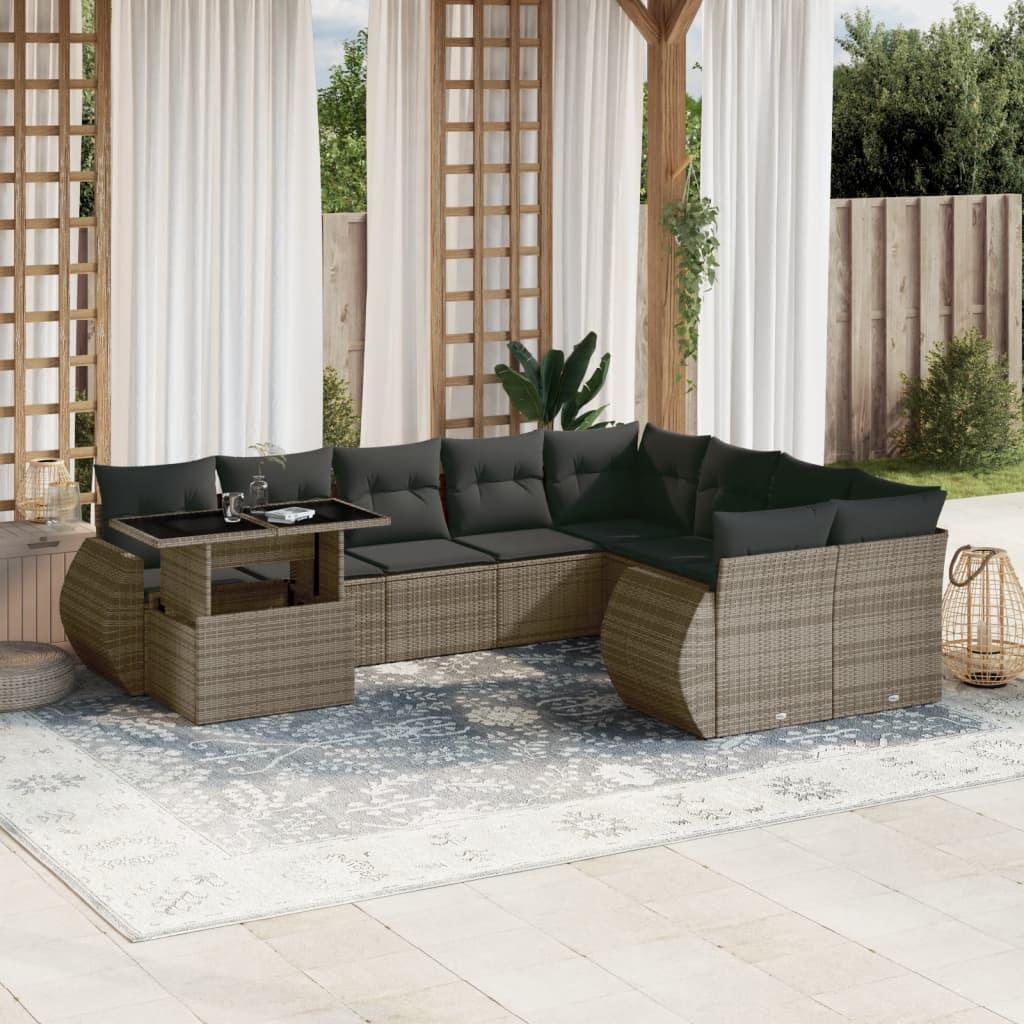 10 Piece Garden Sofa Set with Cushions Grey Poly Rattan