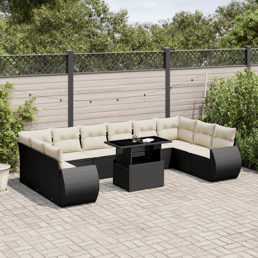 11 Piece Garden Sofa Set with Cushions Black Poly Rattan