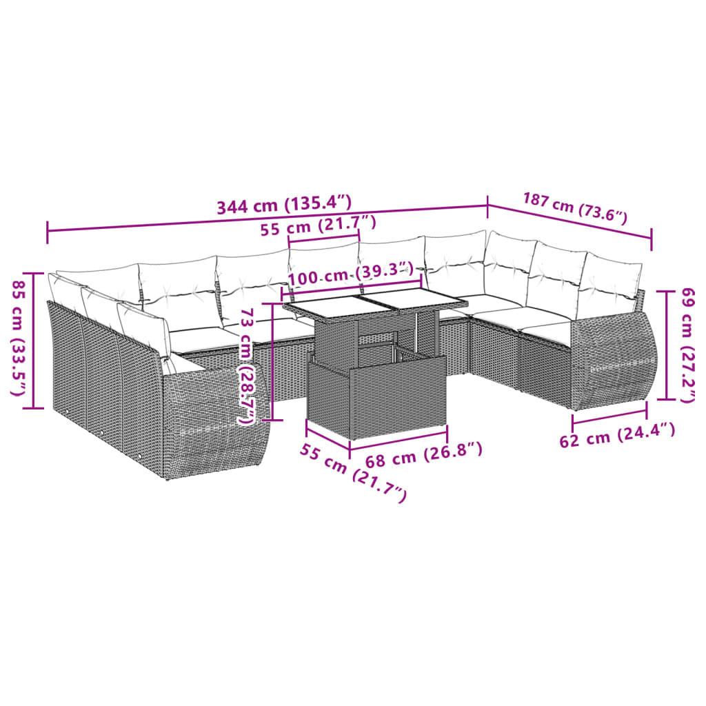 11 Piece Garden Sofa Set with Cushions Beige Poly Rattan