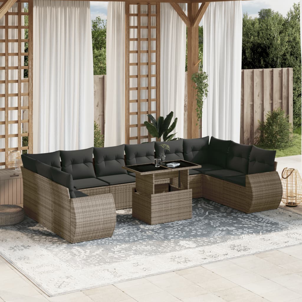 11 Piece Garden Sofa Set with Cushions Grey Poly Rattan