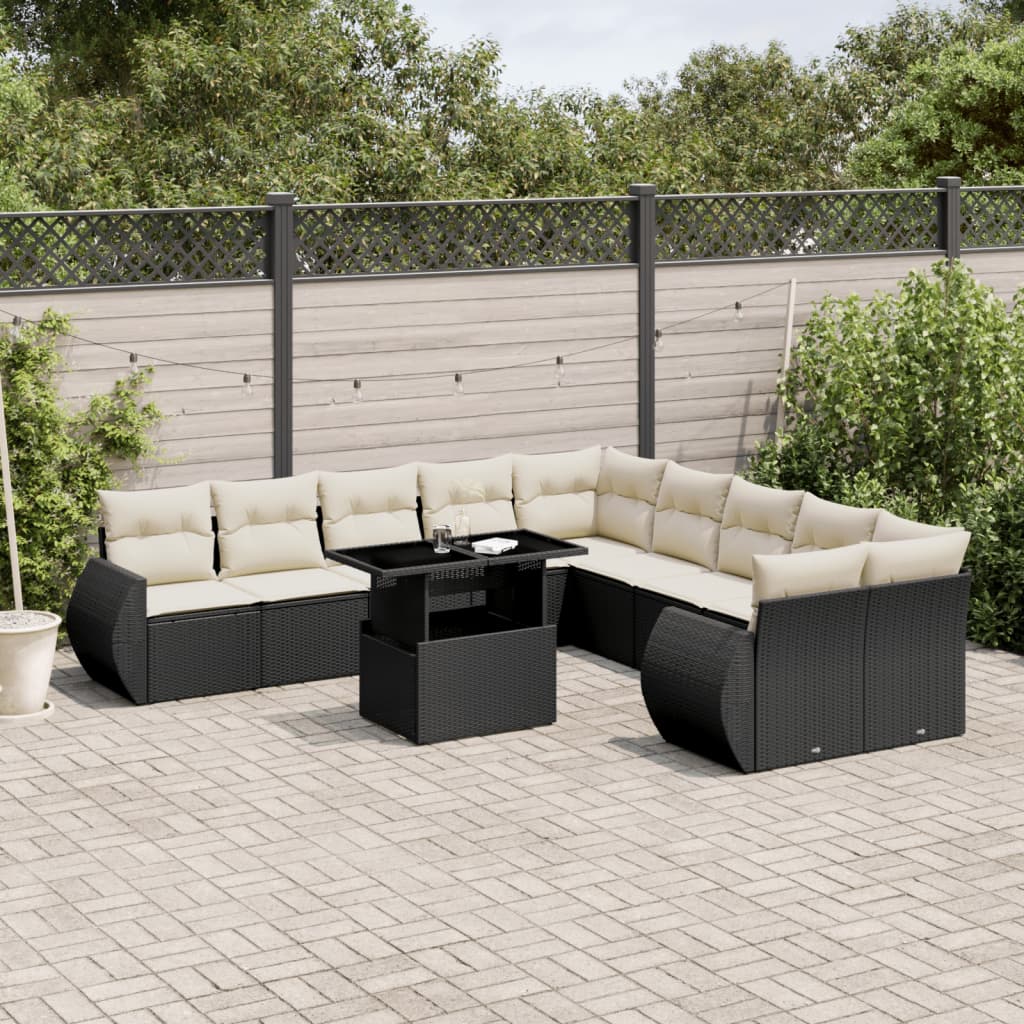 11 Piece Garden Sofa Set with Cushions Black Poly Rattan