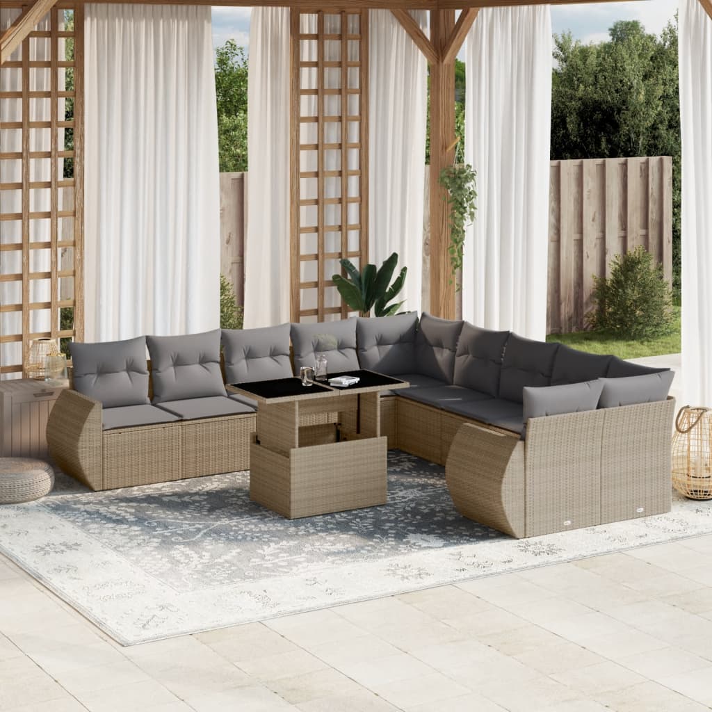 11 Piece Garden Sofa Set with Cushions Beige Poly Rattan