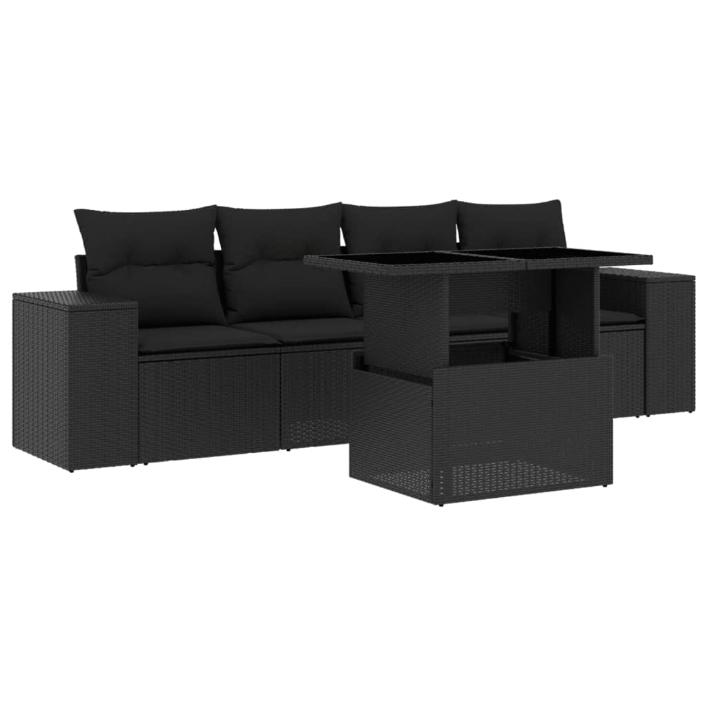 5 Piece Garden Sofa Set with Cushions Black Poly Rattan