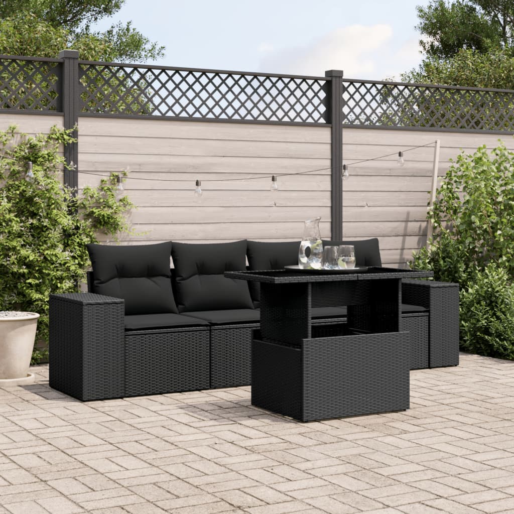 5 Piece Garden Sofa Set with Cushions Black Poly Rattan