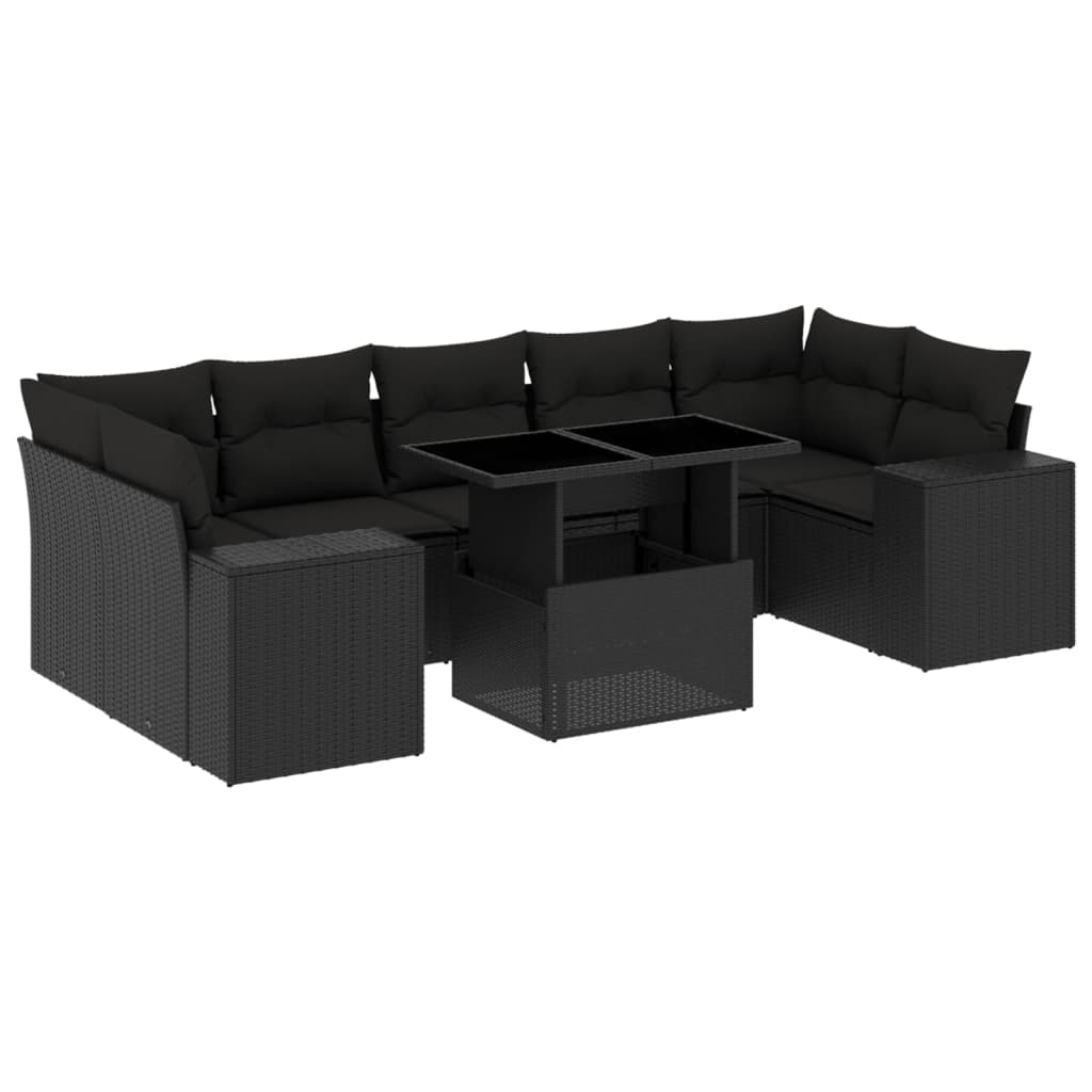 8 Piece Garden Sofa Set with Cushions Black Poly Rattan