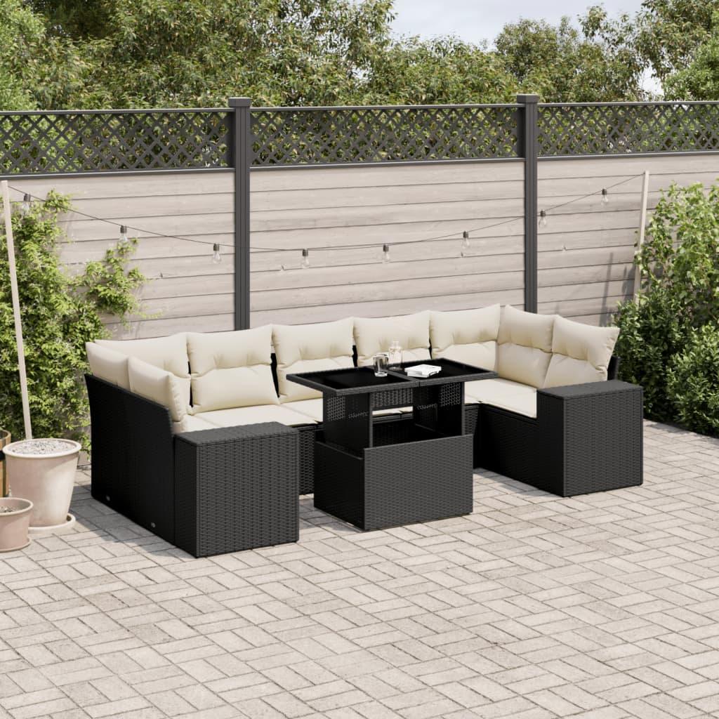 8 Piece Garden Sofa Set with Cushions Black Poly Rattan