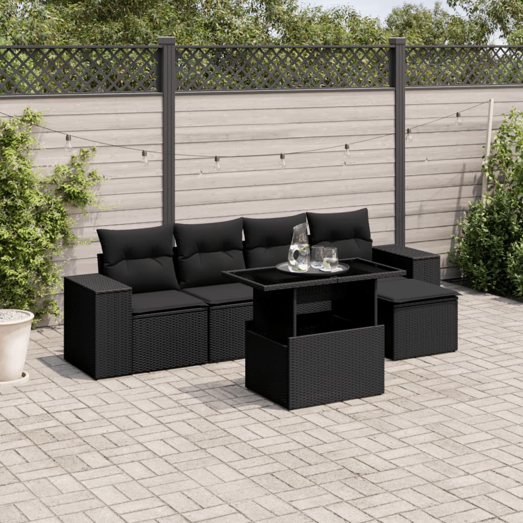 6 Piece Garden Sofa Set with Cushions Black Poly Rattan