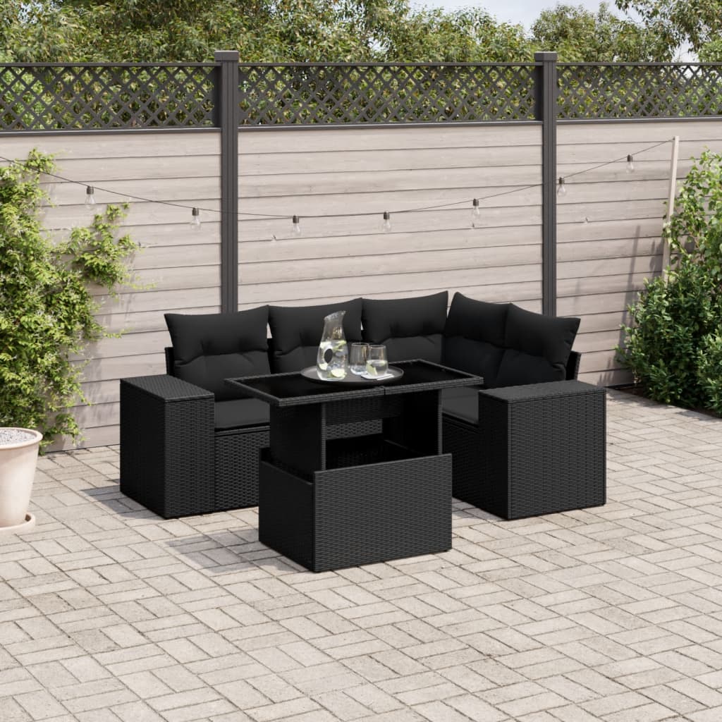 5 Piece Garden Sofa Set with Cushions Black Poly Rattan