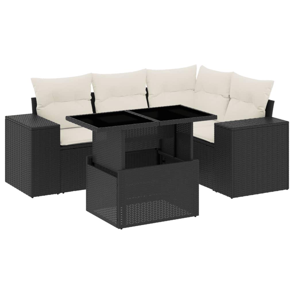 5 Piece Garden Sofa Set with Cushions Black Poly Rattan