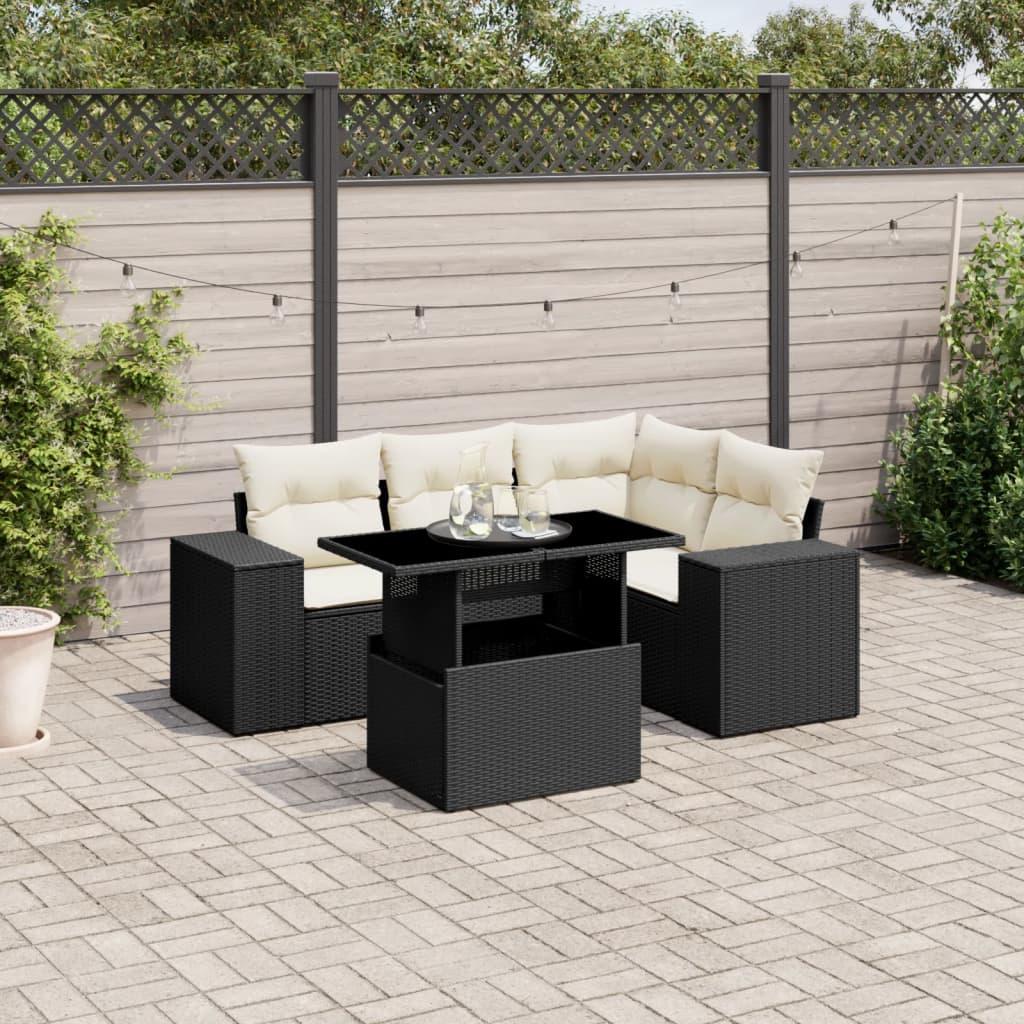 5 Piece Garden Sofa Set with Cushions Black Poly Rattan