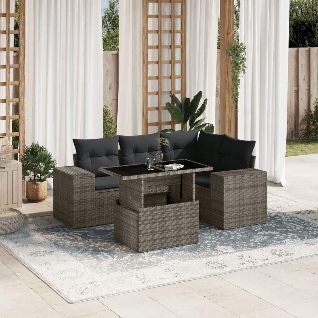 5 Piece Garden Sofa Set with Cushions Grey Poly Rattan