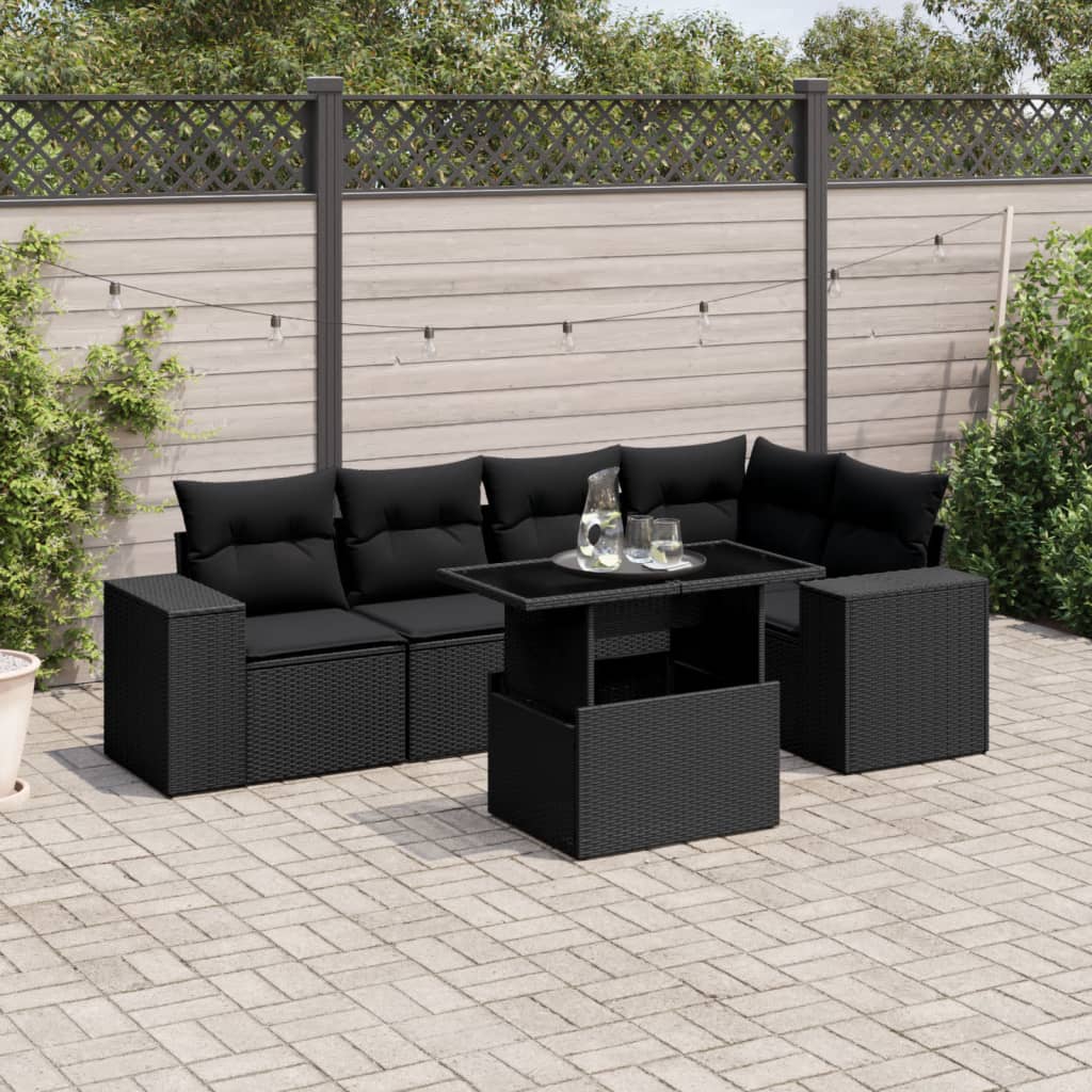 6 Piece Garden Sofa Set with Cushions Black Poly Rattan