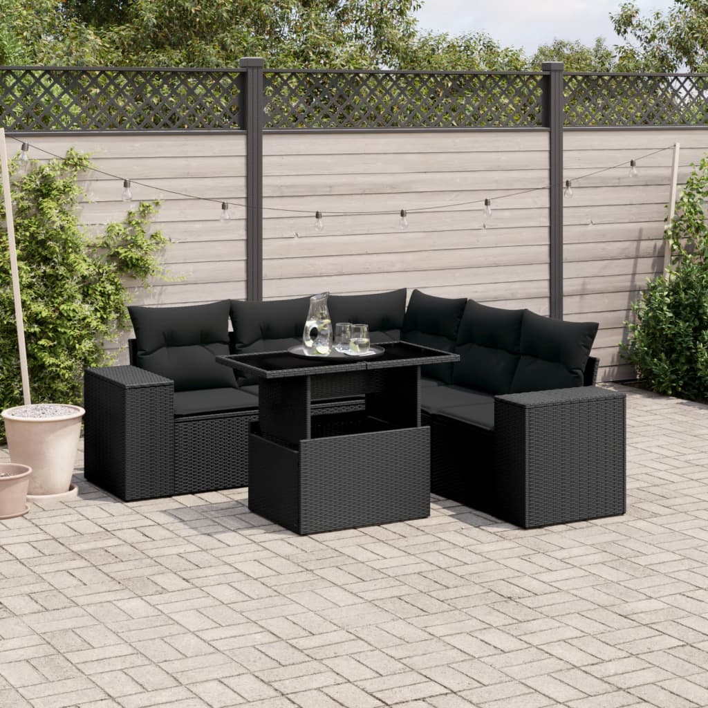 6 Piece Garden Sofa Set with Cushions Black Poly Rattan