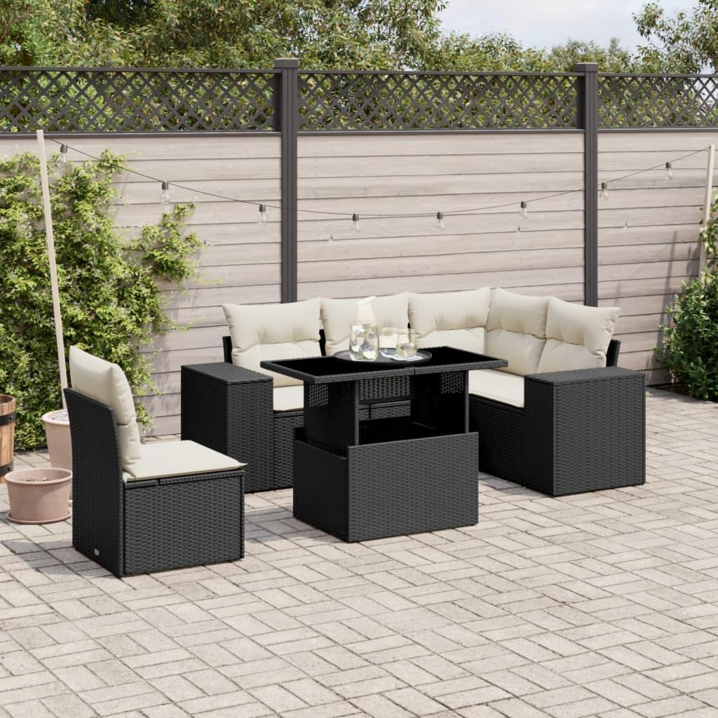 6 Piece Garden Sofa Set with Cushions Black Poly Rattan