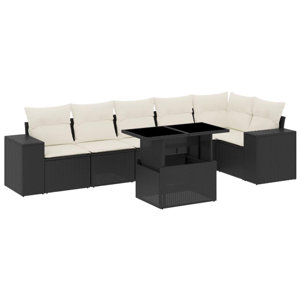 7 Piece Garden Sofa Set with Cushions Black Poly Rattan