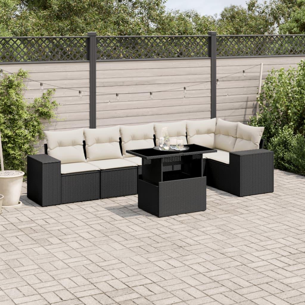 7 Piece Garden Sofa Set with Cushions Black Poly Rattan