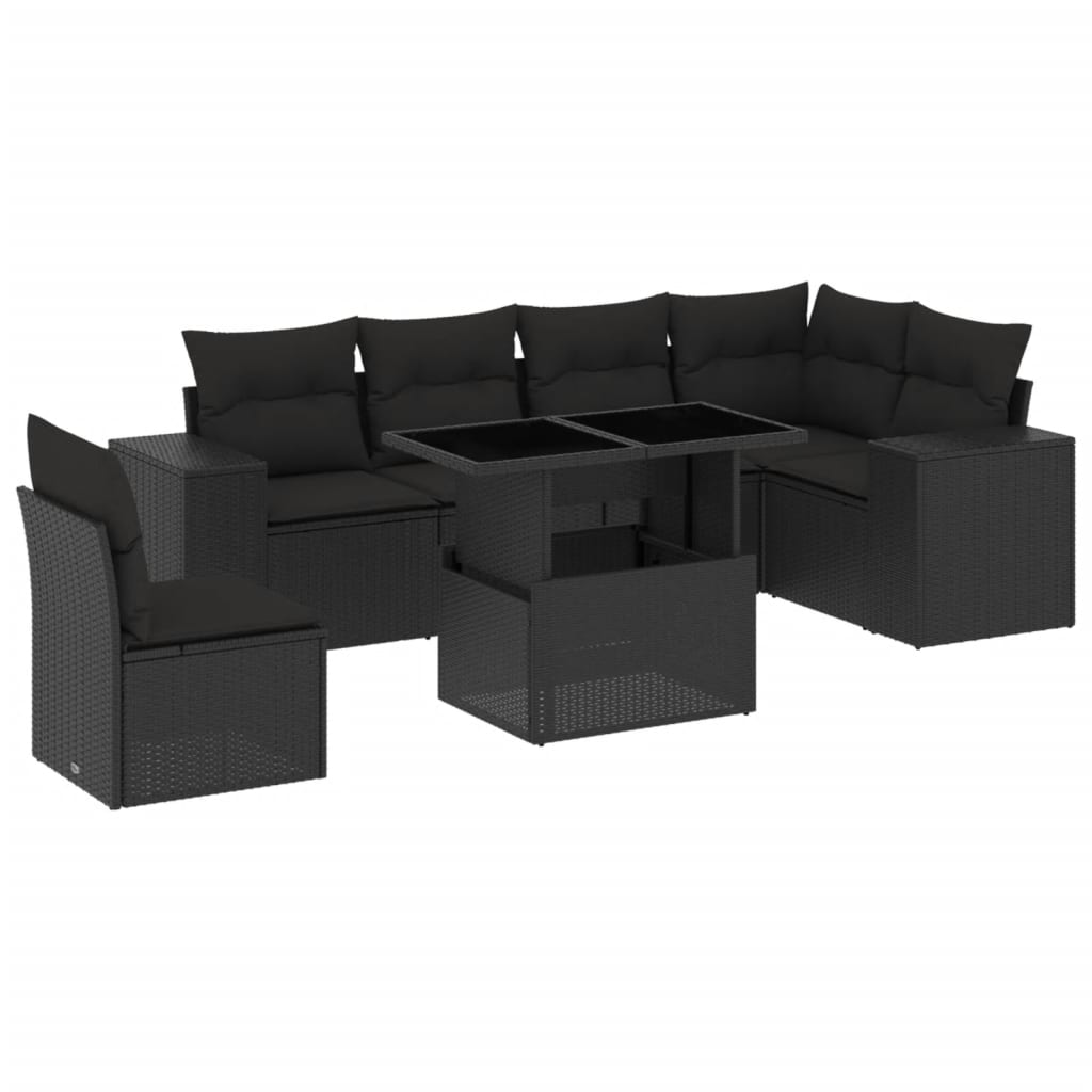 7 Piece Garden Sofa Set with Cushions Black Poly Rattan