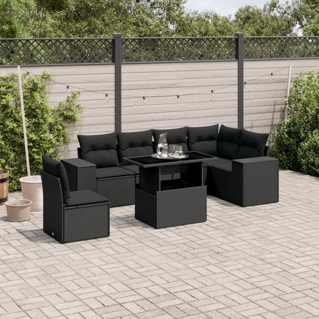 7 Piece Garden Sofa Set with Cushions Black Poly Rattan