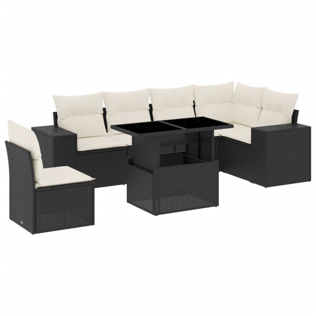 7 Piece Garden Sofa Set with Cushions Black Poly Rattan