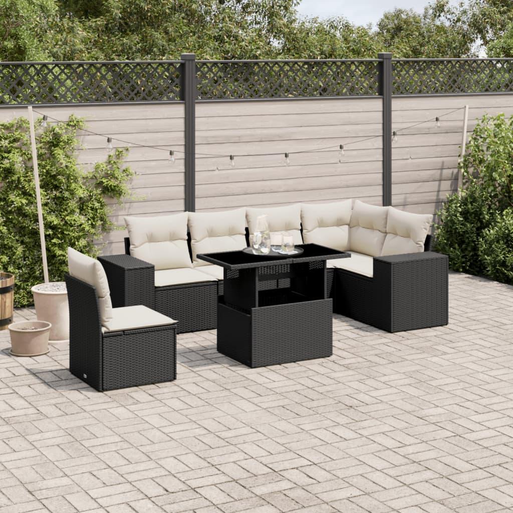 7 Piece Garden Sofa Set with Cushions Black Poly Rattan