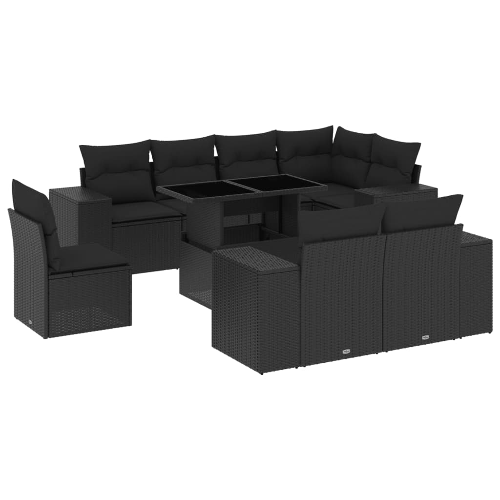 9 Piece Garden Sofa Set with Cushions Black Poly Rattan