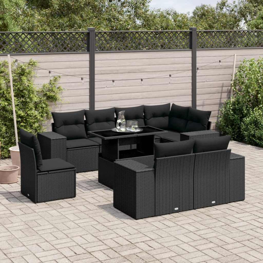 9 Piece Garden Sofa Set with Cushions Black Poly Rattan