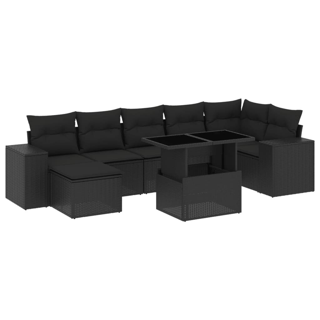 8 Piece Garden Sofa Set with Cushions Black Poly Rattan