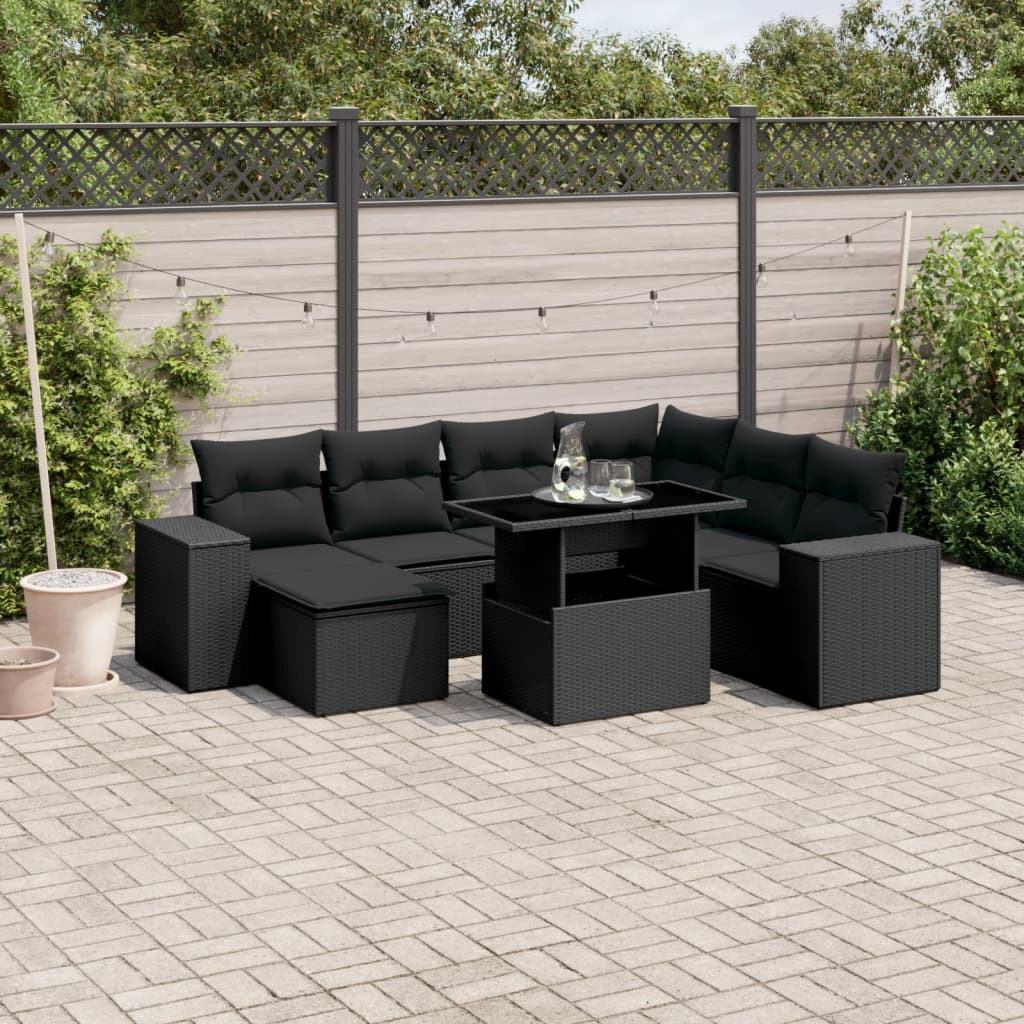 8 Piece Garden Sofa Set with Cushions Black Poly Rattan