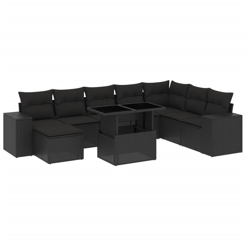 9 Piece Garden Sofa Set with Cushions Black Poly Rattan