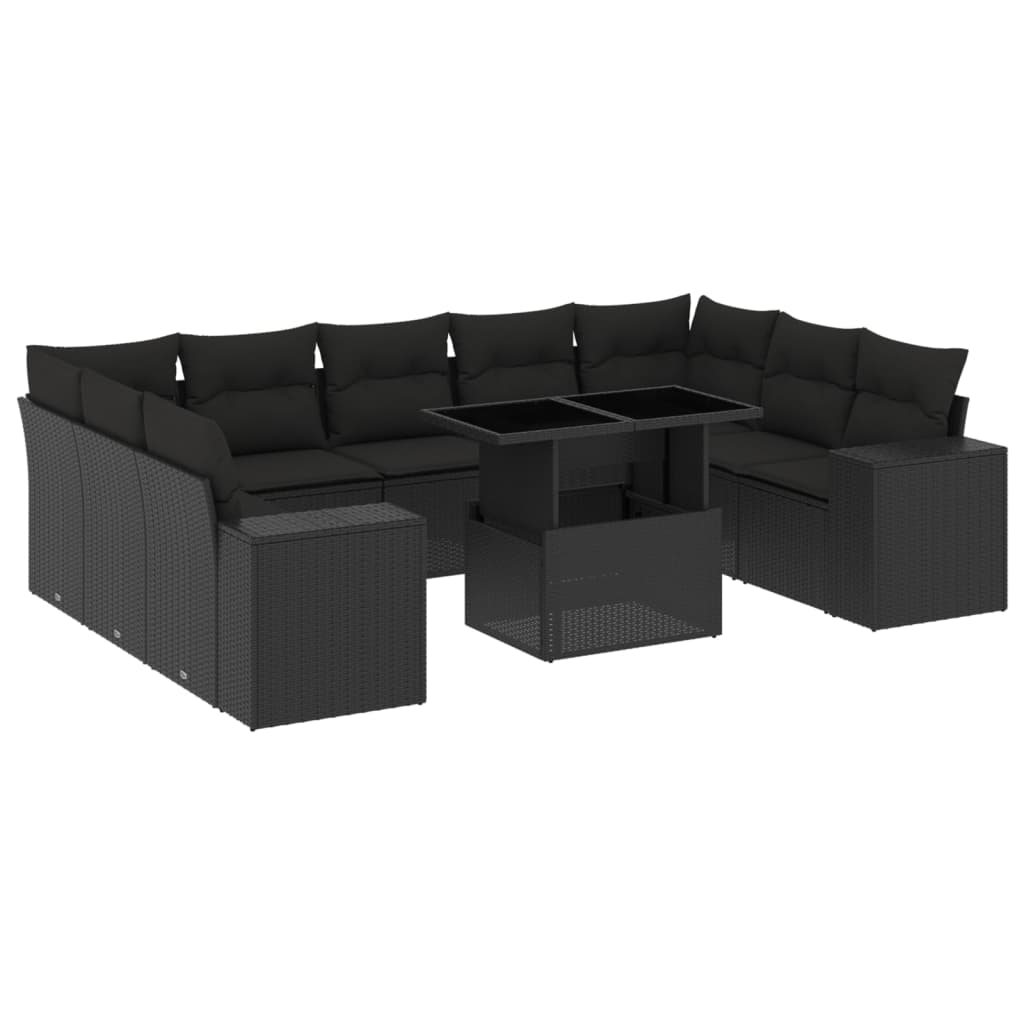 10 Piece Garden Sofa Set with Cushions Black Poly Rattan