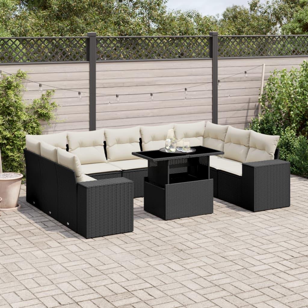 10 Piece Garden Sofa Set with Cushions Black Poly Rattan